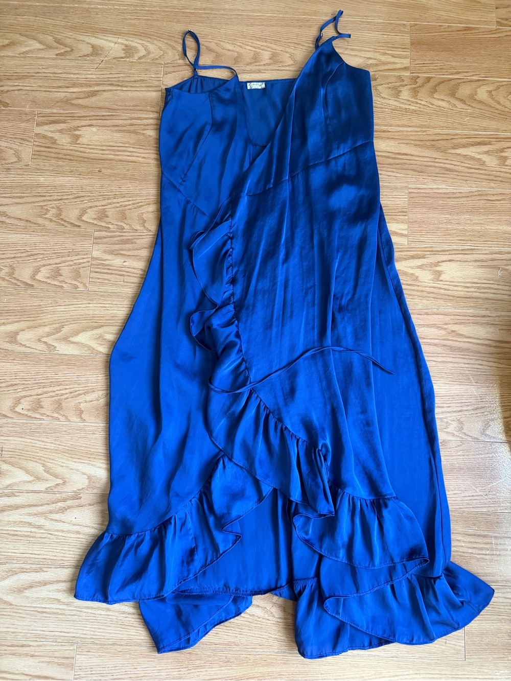 NWOT Free People (Intimately) Blue Ruffle Satin Maxi Dress with Spaghetti Straps